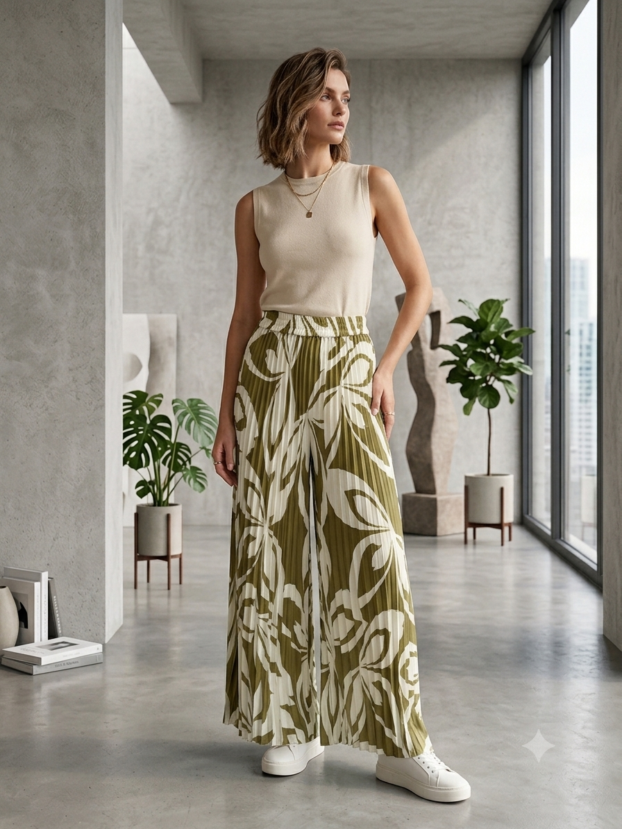Pantalon Palazzo Plissé Imprimé Botanik Kaki & Blanc – Taille Haute Élastique