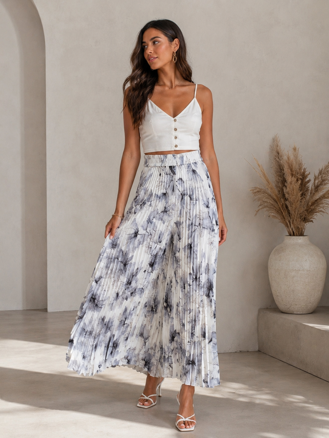 Pantalon Palazzo Plissé Fleuri Blanc & Gris – Taille Haute Élastique