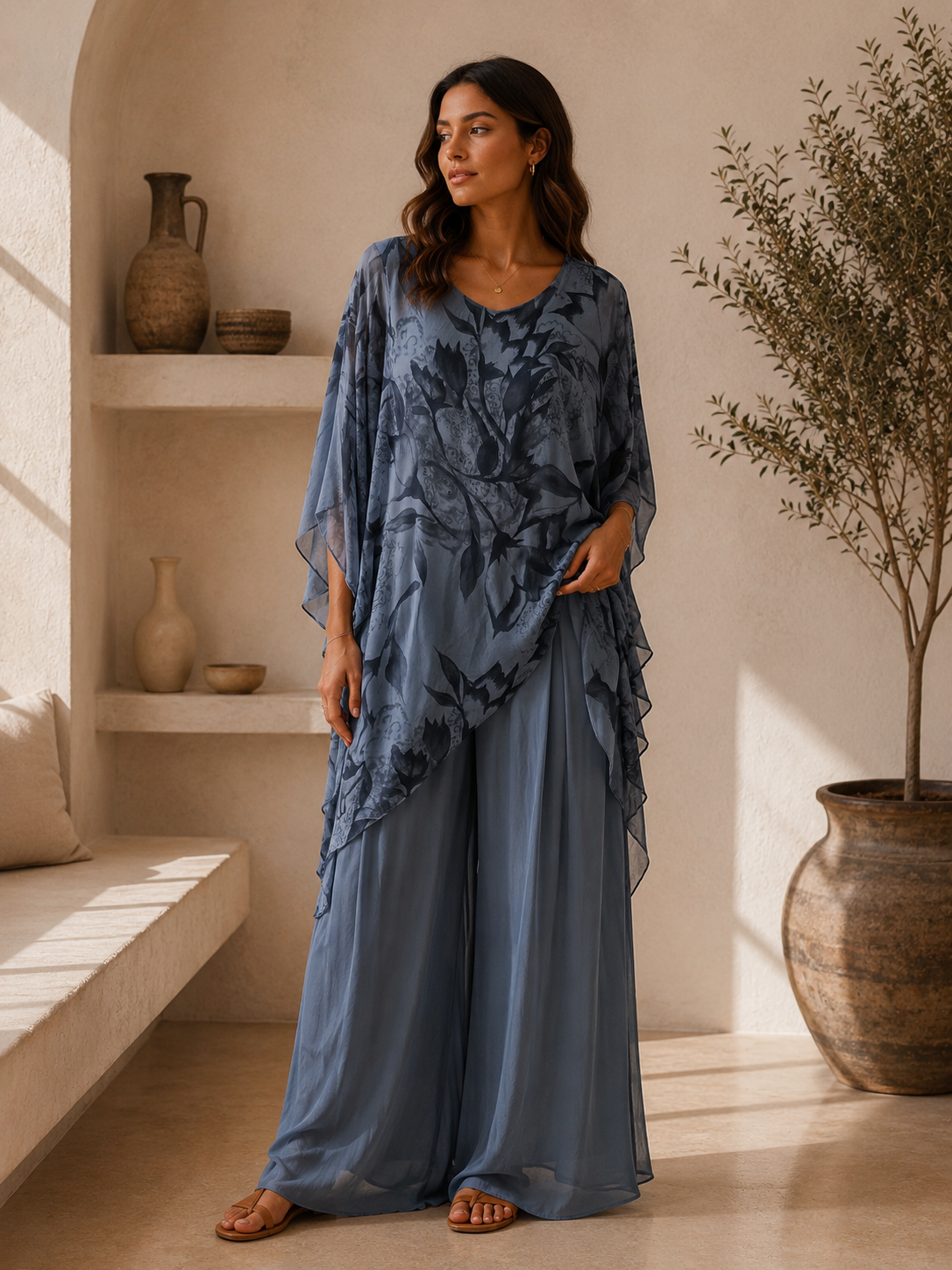 Ensemble en Soie Fleuri Bleu Gris & Pantalon Uni