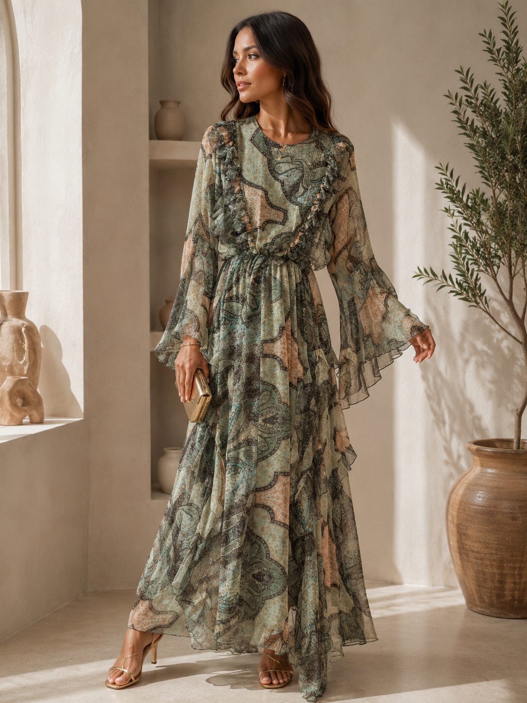 Robe Longue Imprimé Paisley Vert Sauge – Manches Évasées & Volants