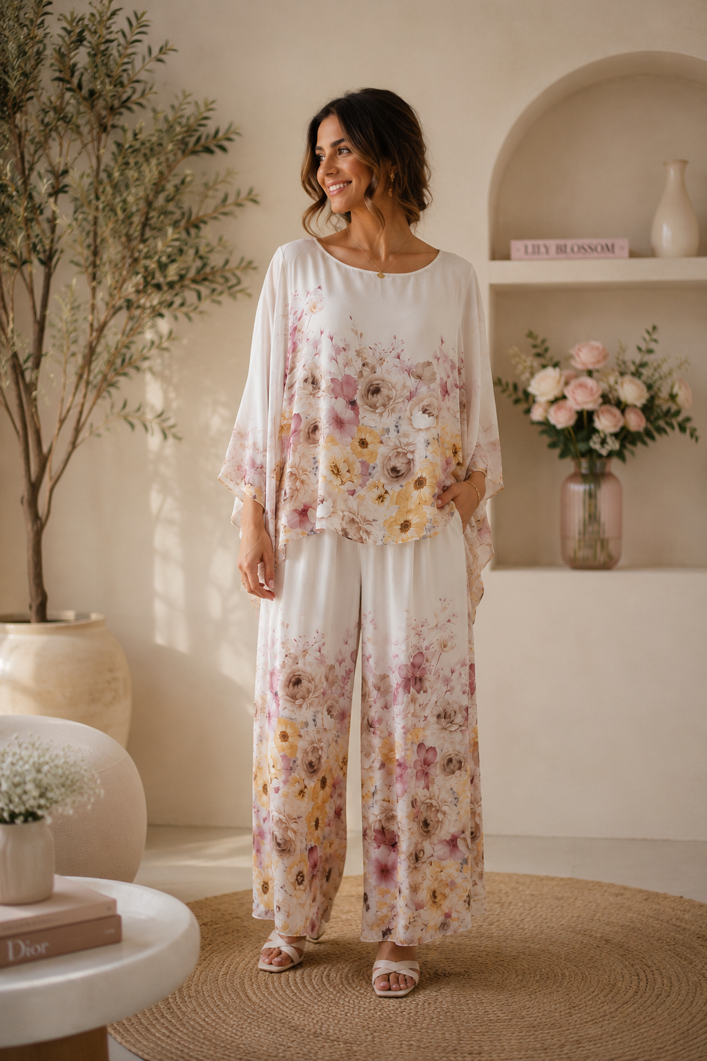 Ensemble en Soie Fleuri Blanc – Roses & Fleurs Dorées