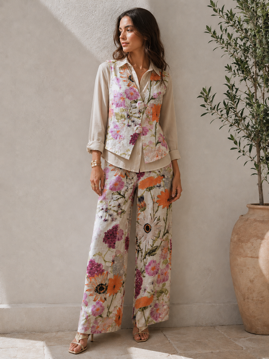 Ensemble Gilet & Pantalon Wide Leg Fleuri