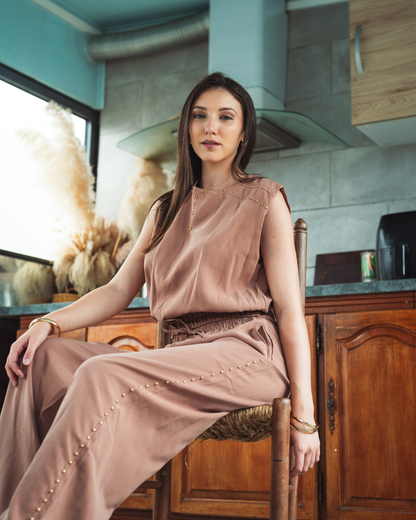 Ensemble taupe rosé top sans manches  et pantalon large à cordon