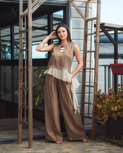 Ensemble  top sans manches à volant en voile et pantalon large fluide