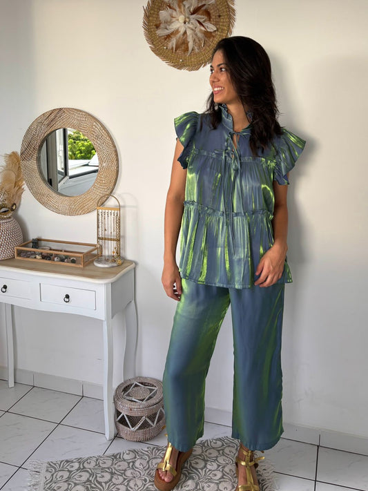 Ensemble Satiné Vert Éclatant – Haut et Pantalon