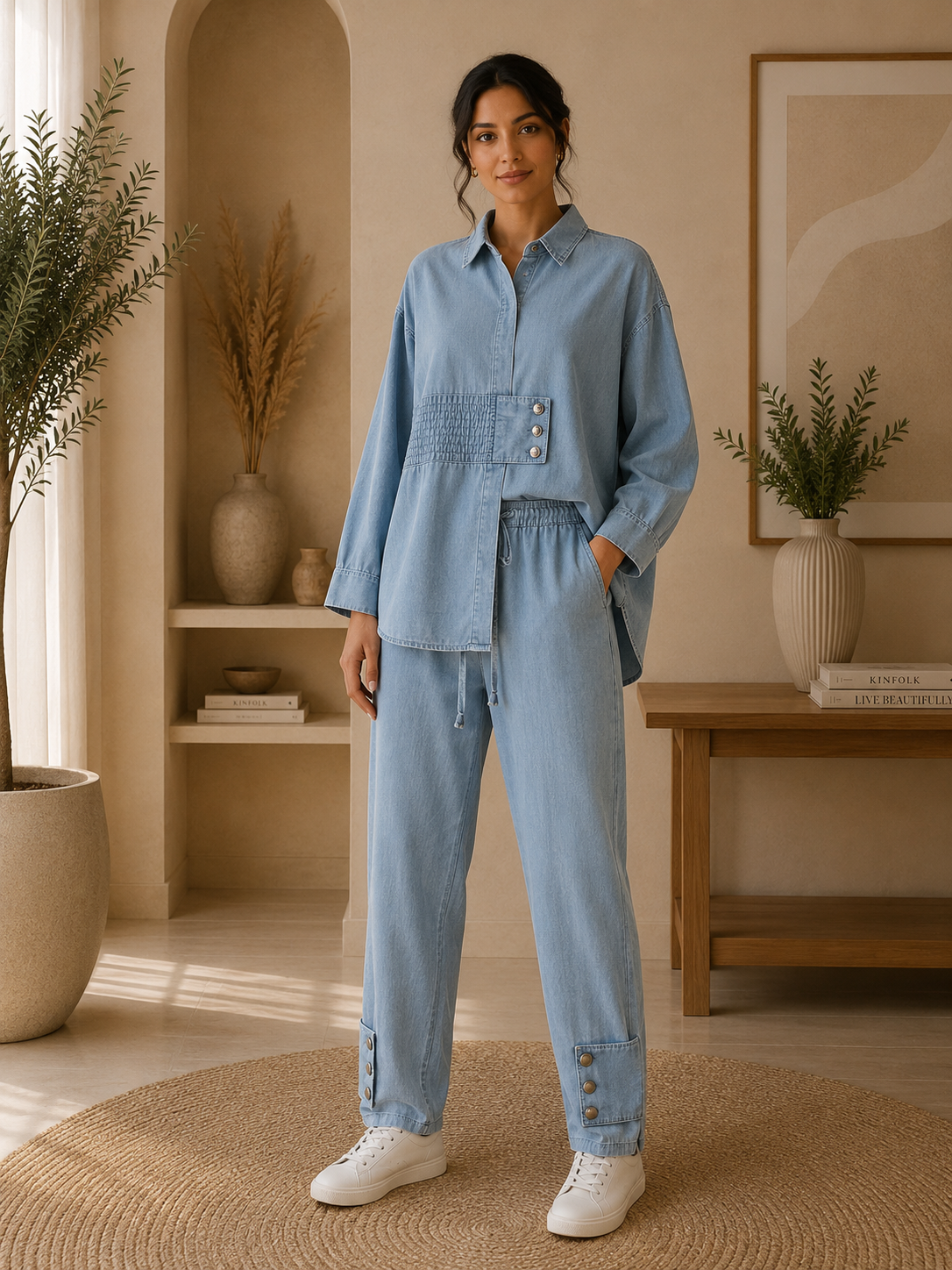 Ensemble Jean Souple Chemise & Jogging – Bleu Clair Délavé