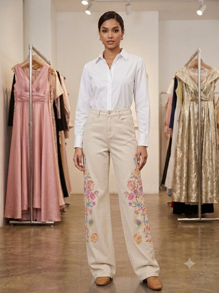 Jean Brodé Fleuri Multicolore