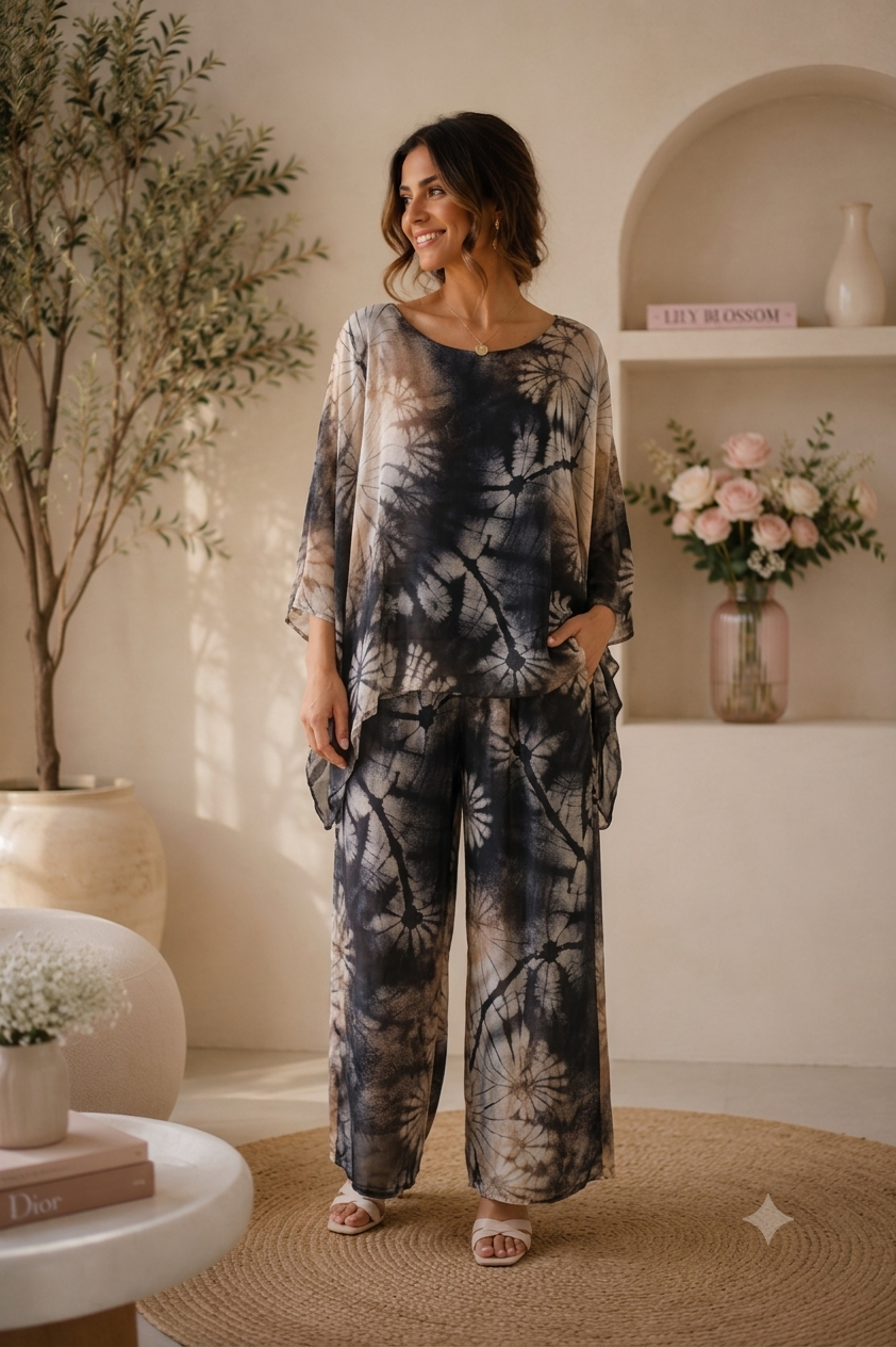 Ensemble en Soie Tie-Dye Noir & Beige – Top & Pantalon