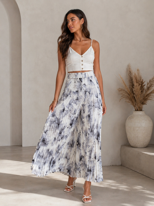 Pantalon Palazzo Plissé Fleuri Blanc & Gris – Taille Haute Élastique