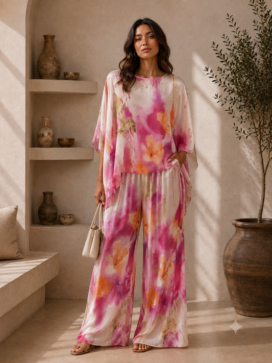 Ensemble en Soie Tie-Dye Rose & Orange – Top & Pantalon