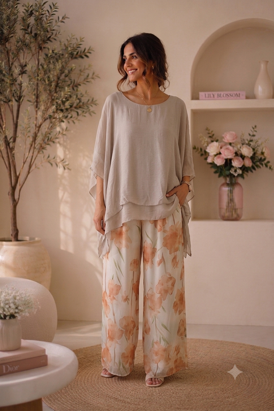 Ensemble en Soie Top & Pantalon Fleuri Pêche – Taupe