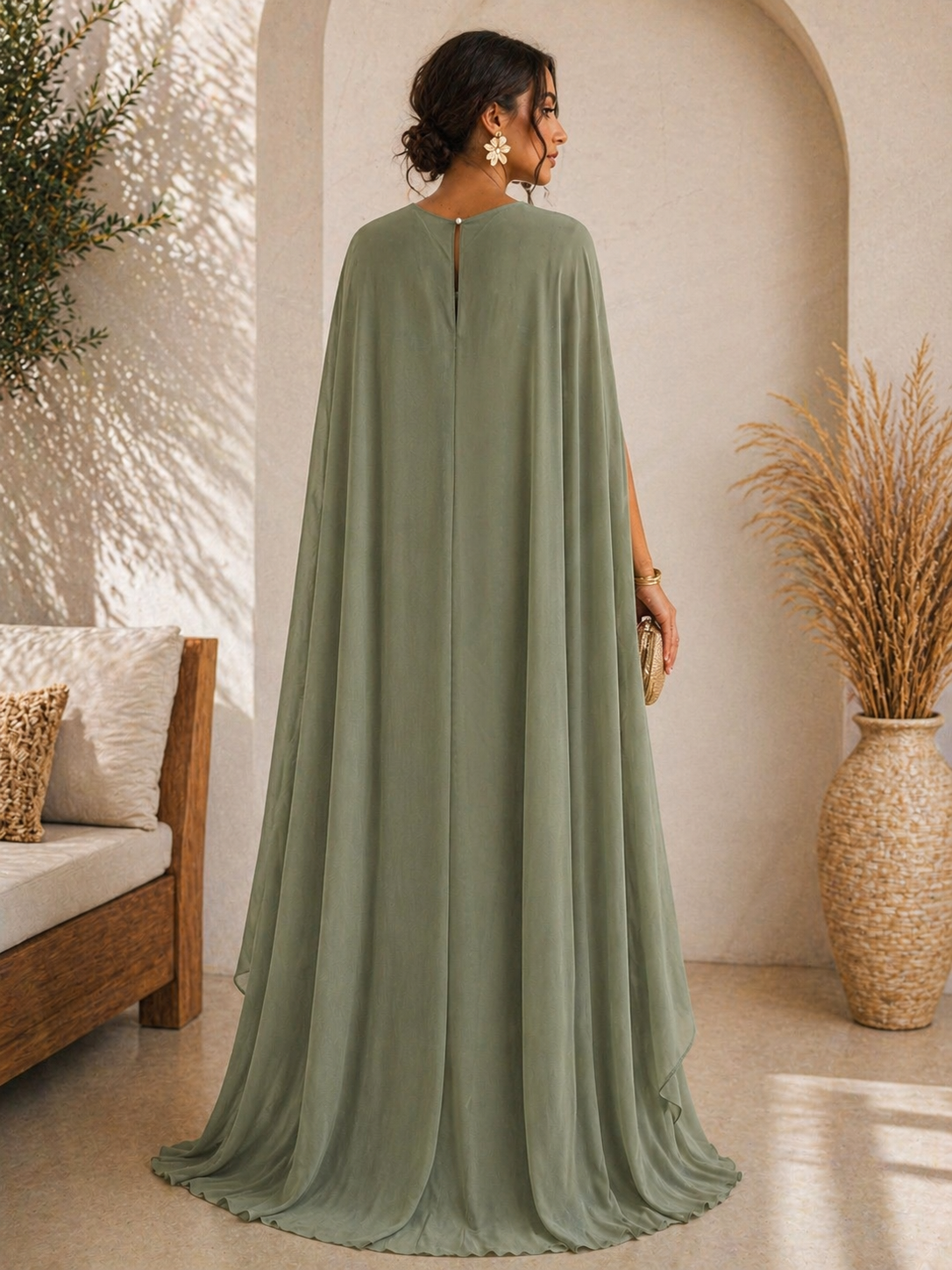 Robe Longue Cape Élégance – Vert Sauge