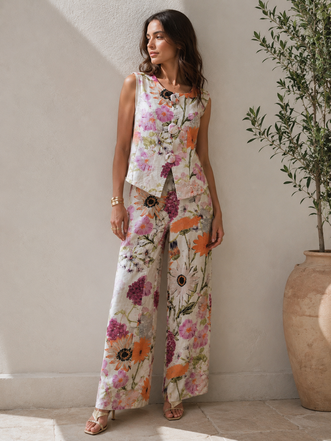 Ensemble Gilet & Pantalon Wide Leg Fleuri