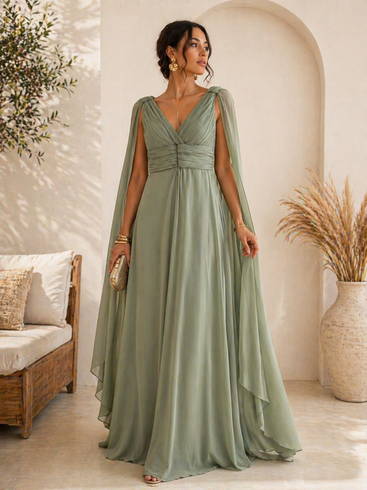 Robe Longue Cape Élégance – Vert Sauge
