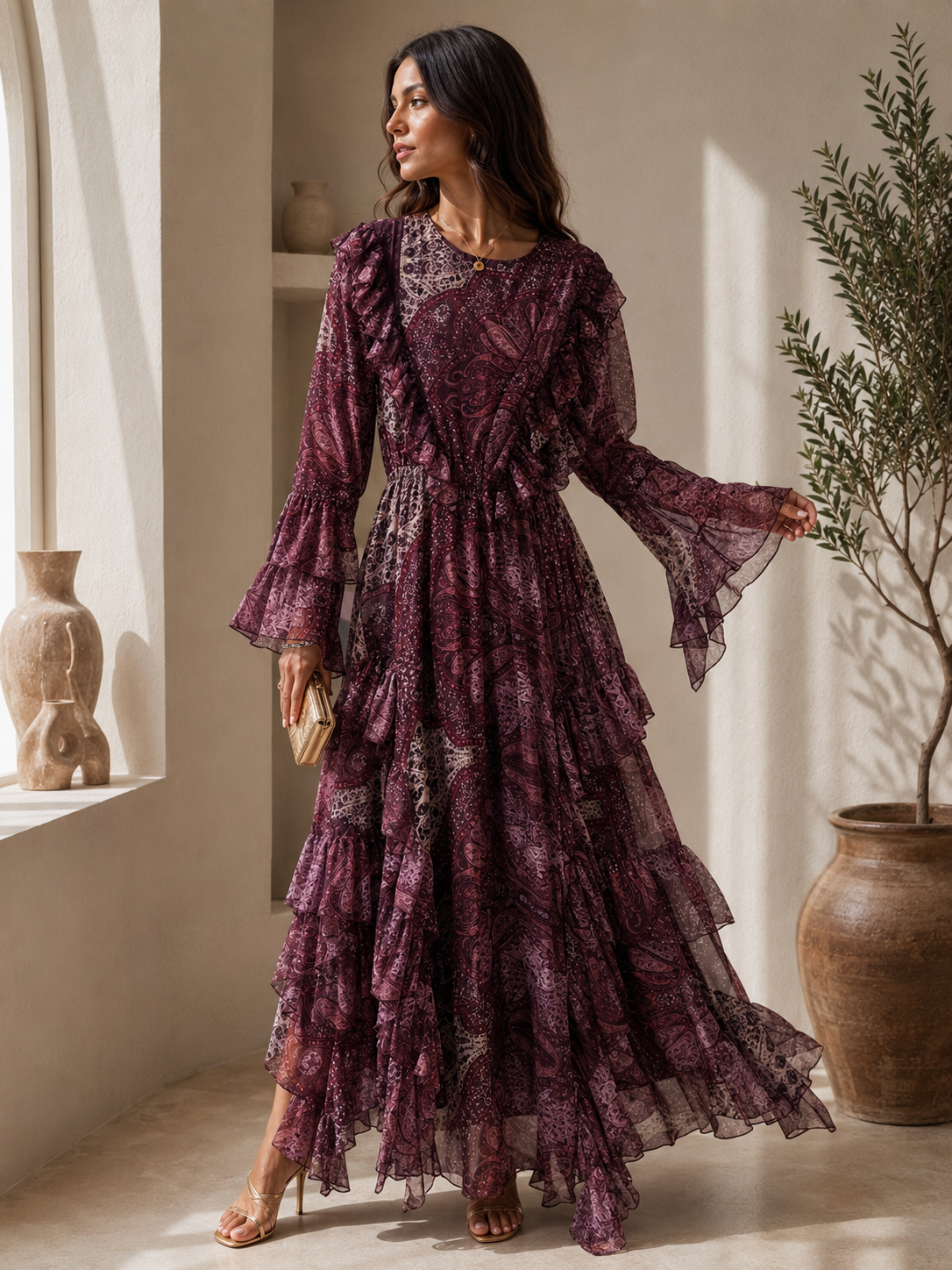 Robe Longue Imprimé Paisley Prune – Manches Évasées & Volants Superposés