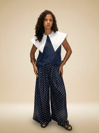 Chemisier Col Claudine Oversize – Marine & Blanc