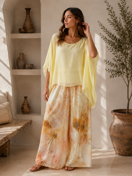 Ensemble en Soie Top Jaune & Pantalon Aquarelle Ocre