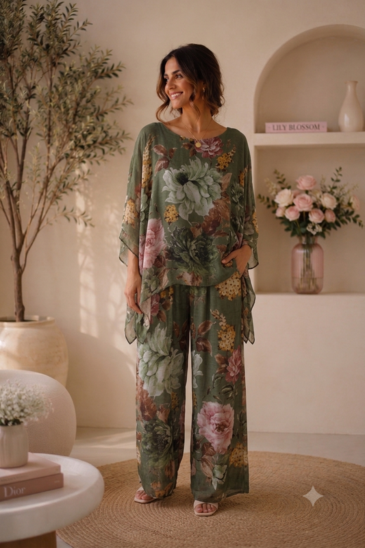 Ensemble en Soie Fleuri Kaki & Rose – Top & Pantalon
