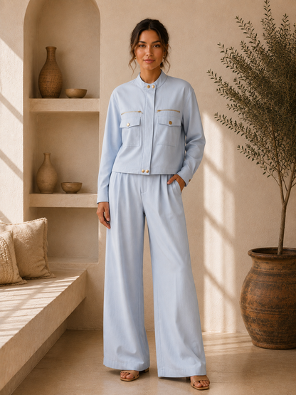 Ensemble Veste & Pantalon  Bleu Ciel – Boutons & Zips Dorés
