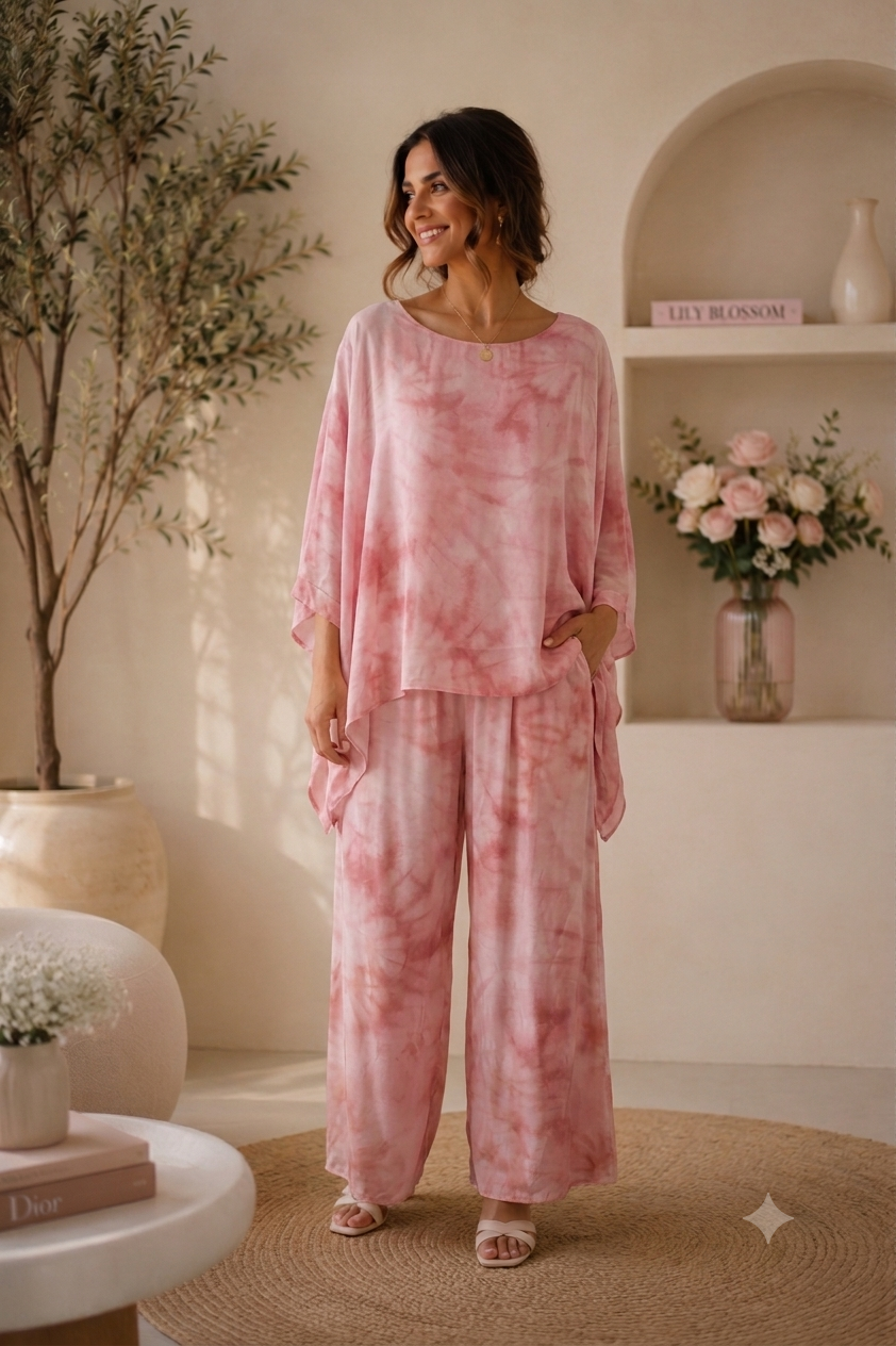 Ensemble en Soie Tie-Dye Rose Poudré – Top & Pantalon