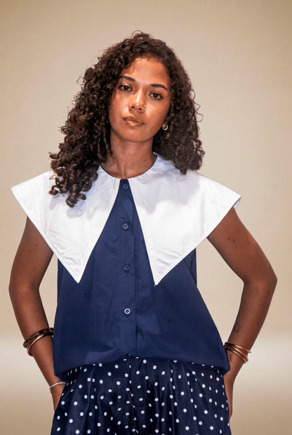 Chemisier Col Claudine Oversize – Marine & Blanc