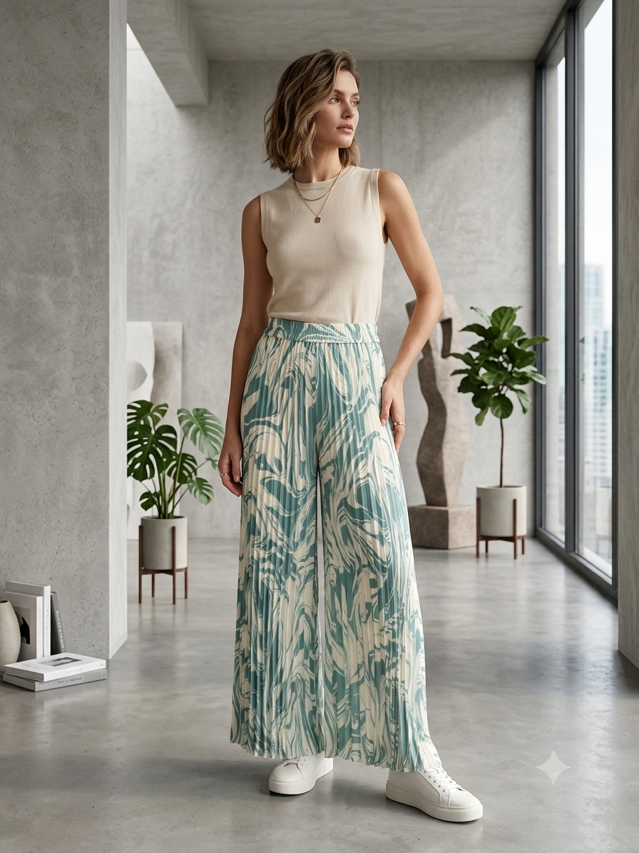 Pantalon Palazzo Plissé Imprimé Marbré Vert Sauge & Crème – Taille Haute Élastique
