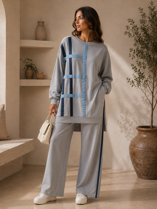 Ensemble Sweat & Pantalon Graphique Bandes Bleues – Gris