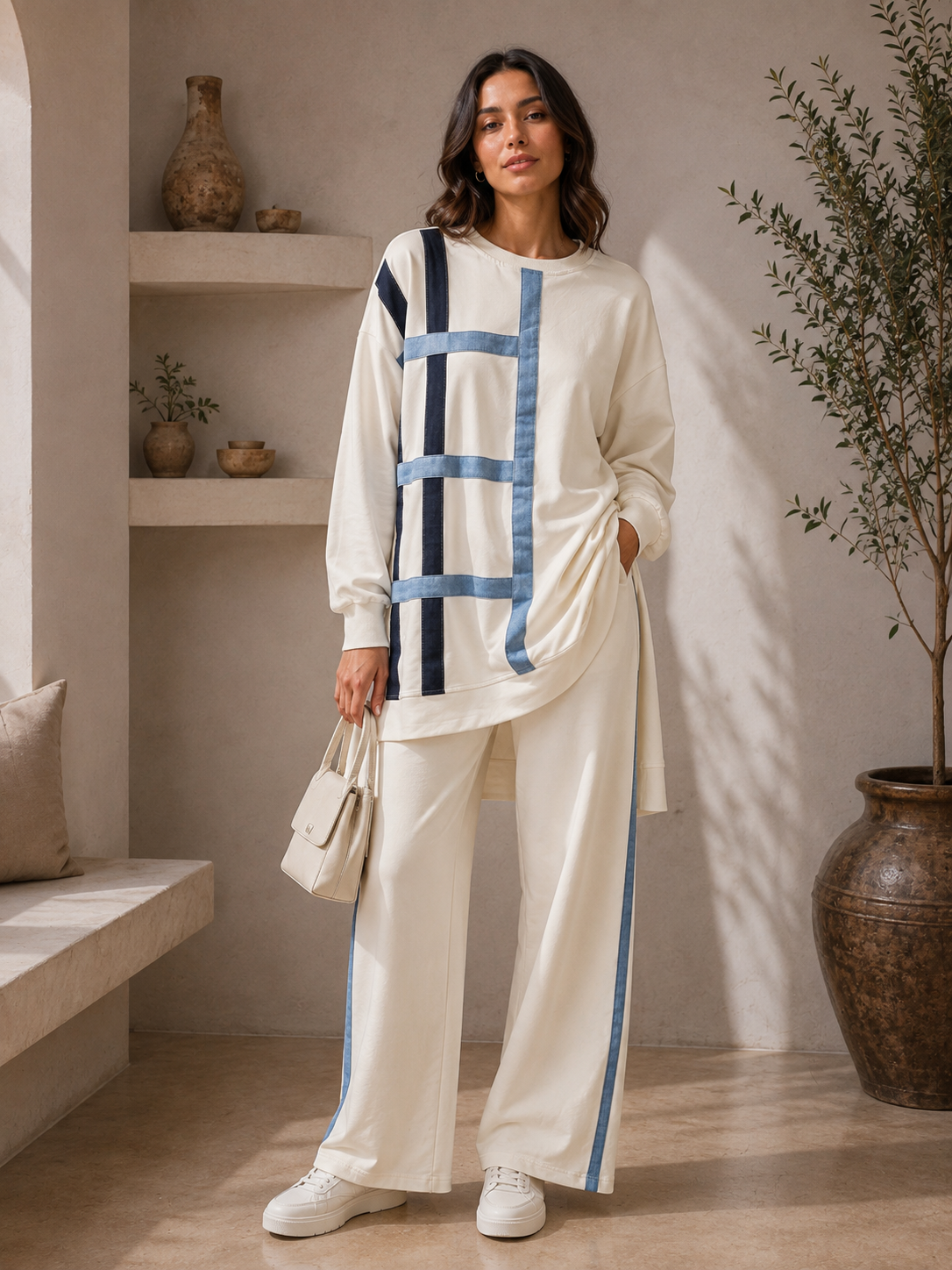 Ensemble Sweat & Pantalon Graphique Bandes Bleues – Beige Ivoire
