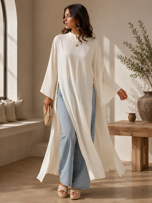 Tunique Longue Fendue Col Montant – 3 Coloris
